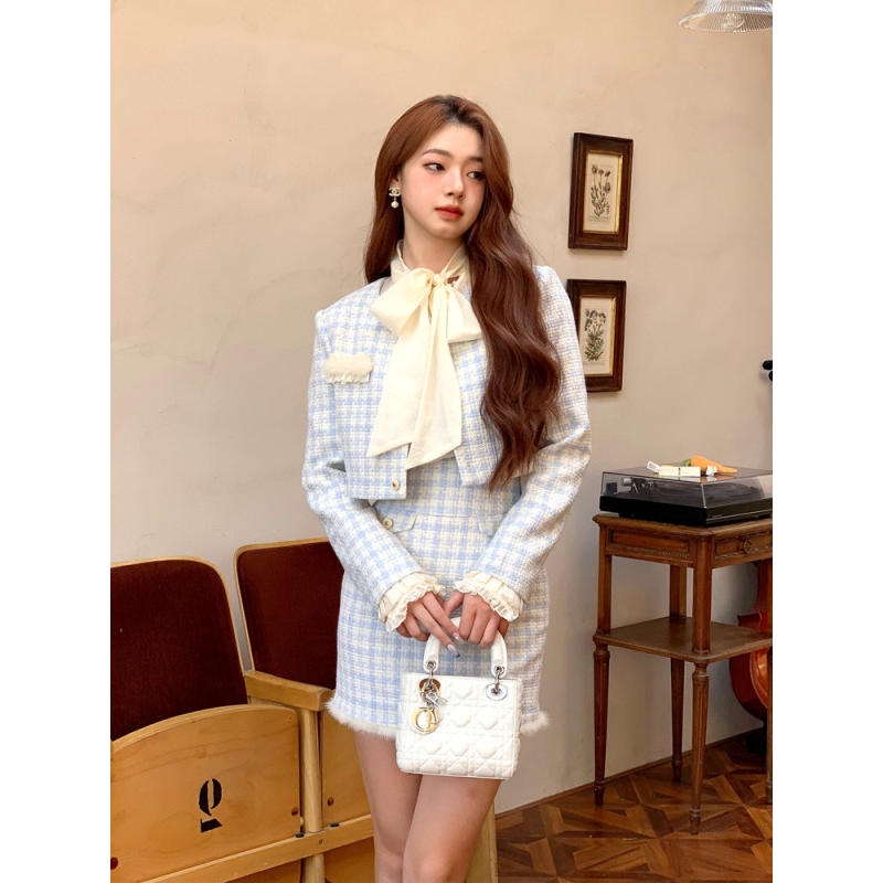 [Sẵn] Set Dạ Tweed Tiểu Thư Bộ Vest Nữ Croptop, Chân Váy Dài Qua Gối Chữ A Cạp Cao Retro Kiểu Hàn Quốc Thu Đông SD093