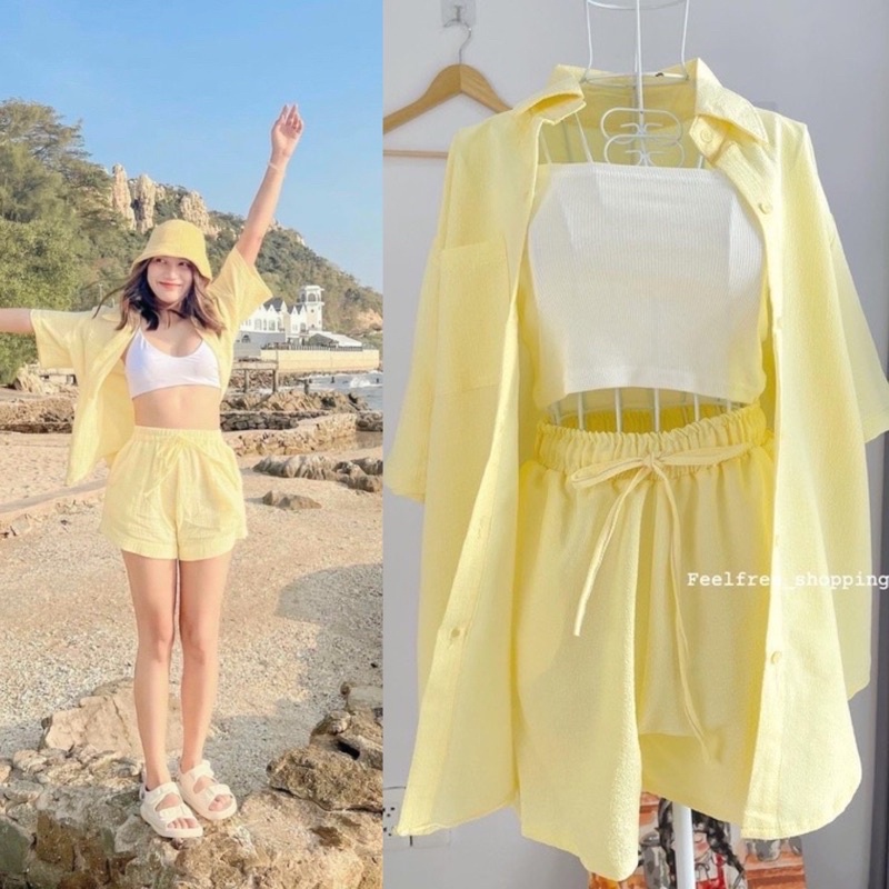 Set 3 Món Áo Sơ Mi+Áo Dây+Quần Short Co Dãn Màu Vàng Hợp Đi Chơi, Đi Biển Đi Du Lịch (Hình Thật) S004