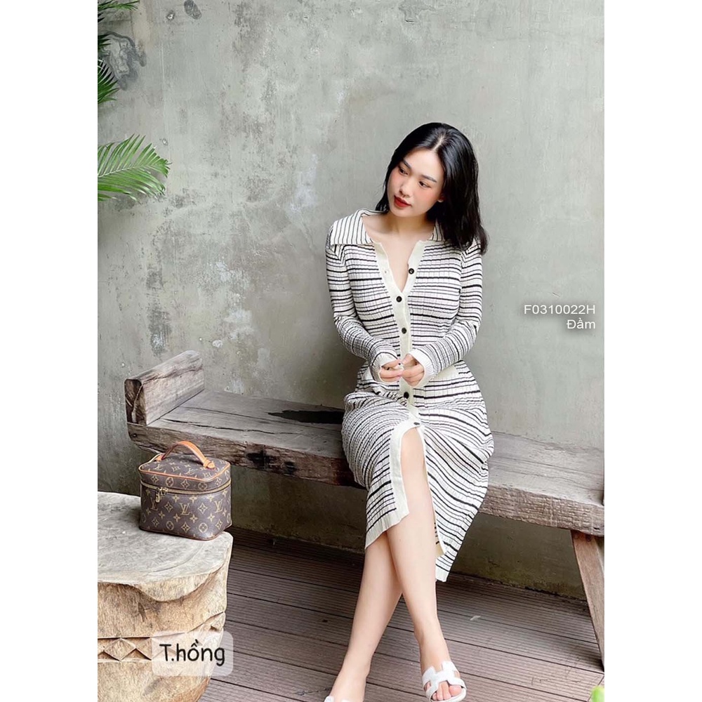 Đầm ôm body len nút kẻ sọc cổ bẻ tay dài hàng QC!