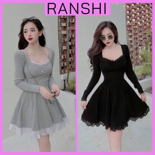 Váy body dáng xoè ranshi đầm body dáng ngắn phối ren dài tay có cúc thiết kế xinh xắn - rbd057