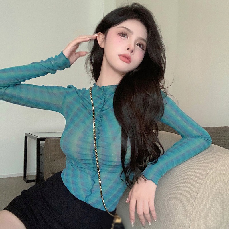 Áo Lưới Tay Dài Cổ Lọ Trong Suốt Thời Trang Mùa Hè Phong Cách Hàn Quốc