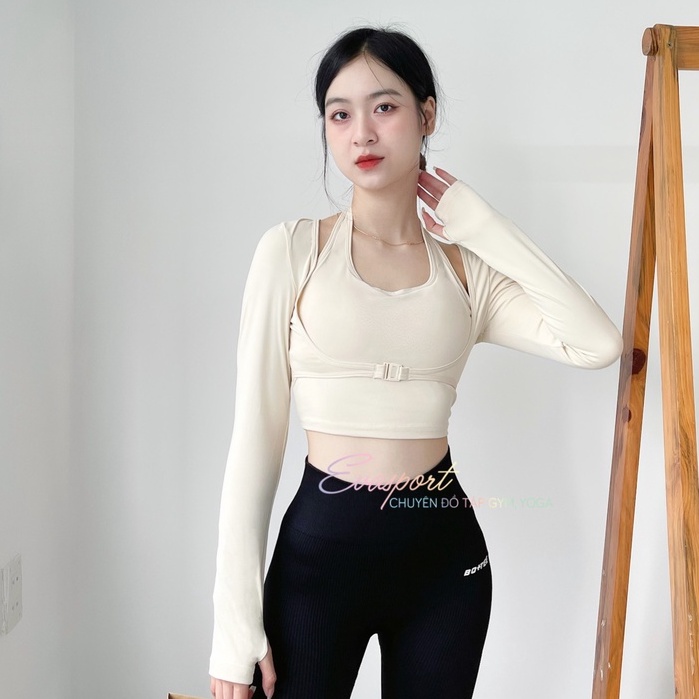 Áo Tập Gym, Yoga, Aerobic Nữ Tay Dài Trước Ngực Kèm Bra, Áo Mùa Lạnh 2 Lớp, Thể Thao, Ôm Body Co giản Evasport