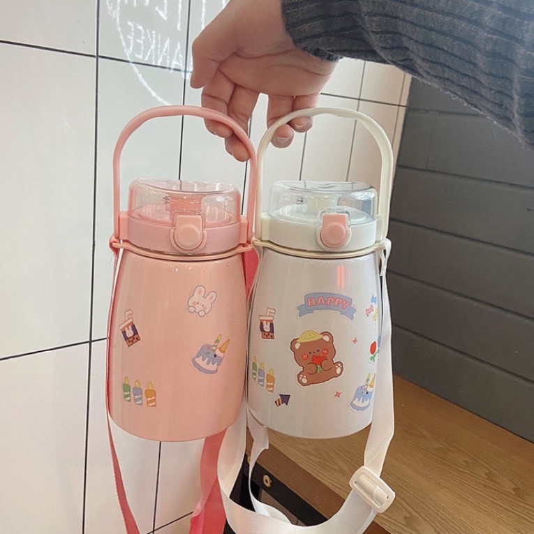 Bình nước giữ nhiệt cute có sticker và ống hút kiểu dáng dễ thương - Bình giữ nhiệt sticker 900ml cho bé inox 304 xịn  h