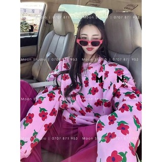 Áo nỉ hoa màu hồng tay dài from rộng