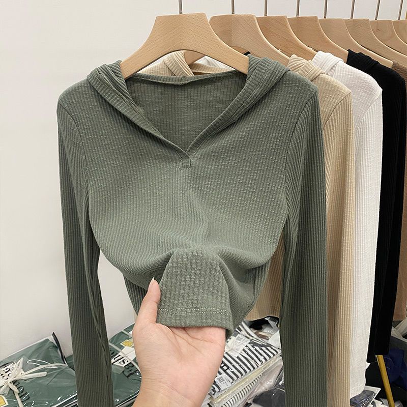 COZOK Áo Thun Tay Dài Có Nón Cổ Chữ V Dáng Ôm Thời Trang Cho Nữ