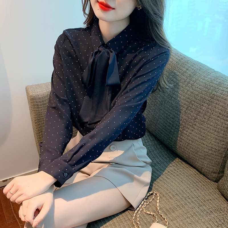 Áo Sơ Mi Chiffon Tay Dài Thắt Nơ Họa Tiết Chấm Bi Thời Trang Dành Cho Nữ