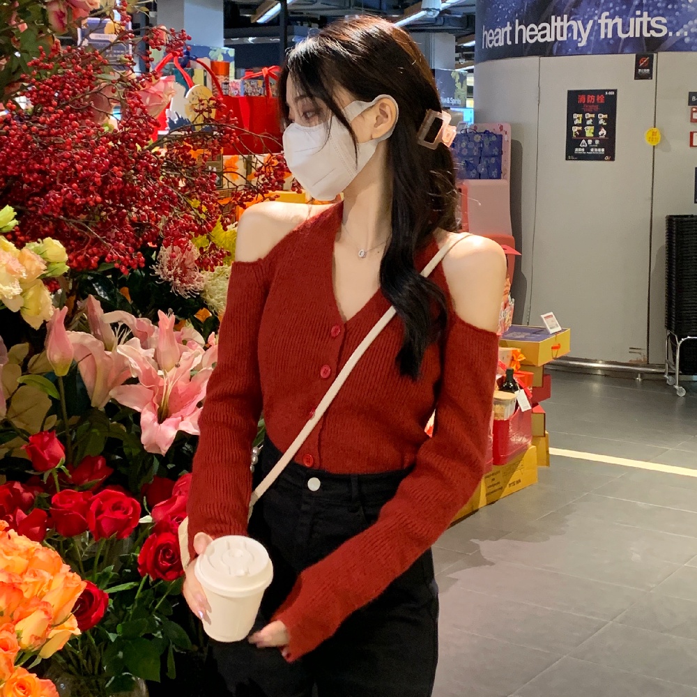 Áo Dệt Kim Tay Dài Hở Vai Cổ Chữ V Thời Trang Hàn Quốc Dành Cho Nữ