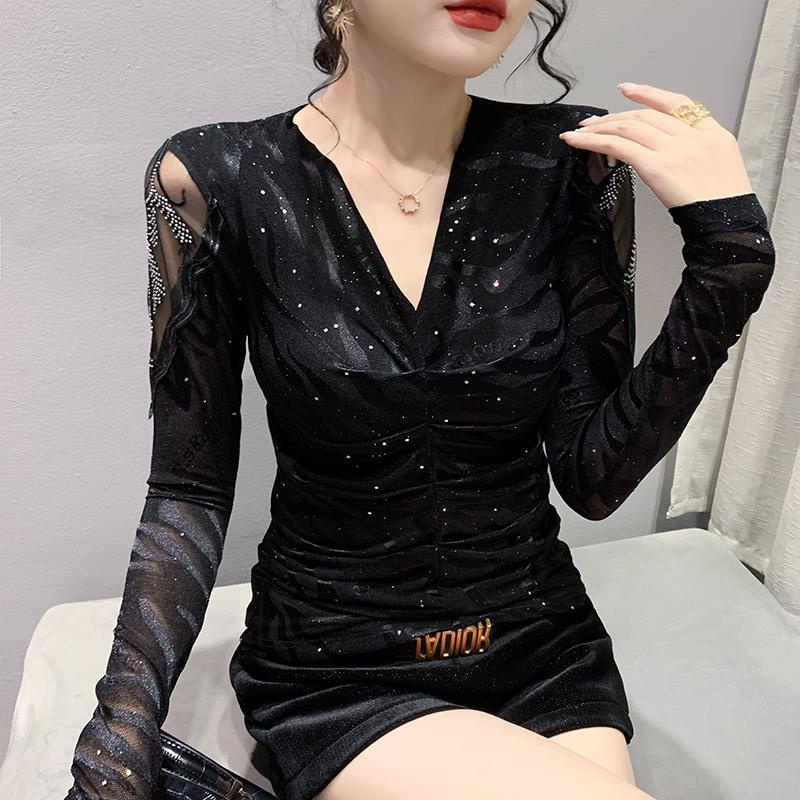 Áo Lưới Tay Dài Cổ Chữ V Gợi Cảm Phong Cách Mới Cho Nữ
