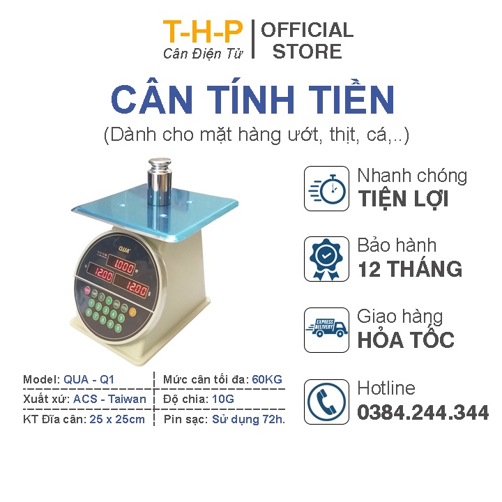 Cân điện tử tính tiền QUA 60kg, Thiết kế chống nước, Hiển thị LED đỏ trước sau, Dùng pin sạc 72h
