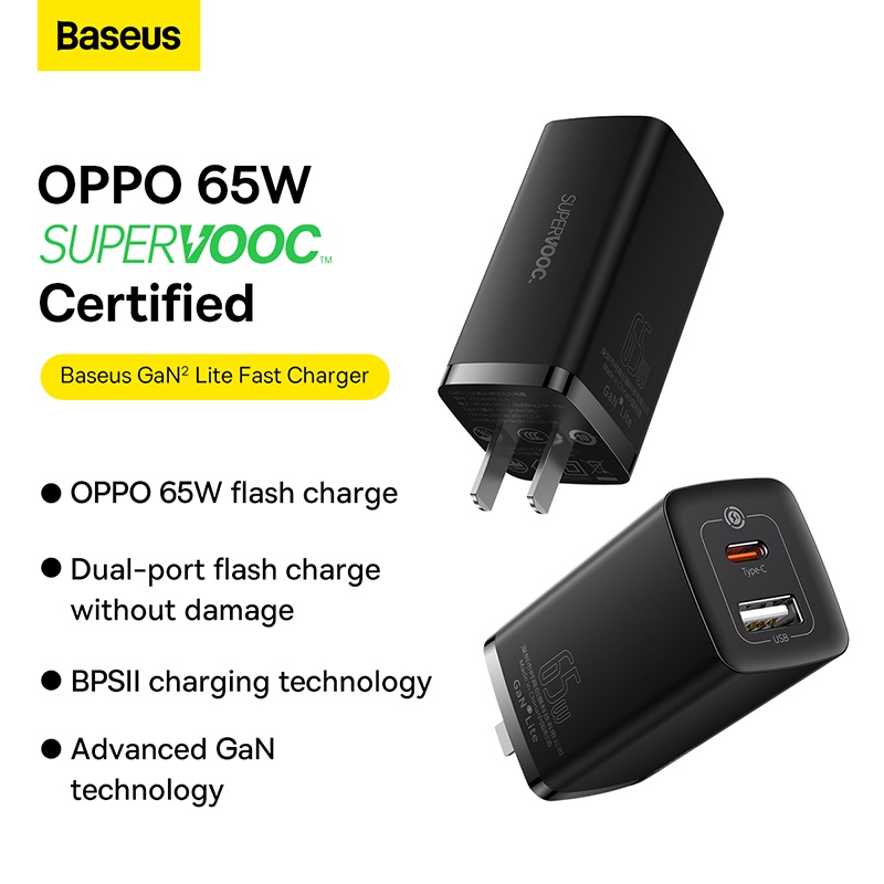 [Mã ELBMO2 giảm 12% đơn 500K] Bộ sạc nhanh USB Baseus 65W GaN2 4.0 3.0 hỗ trợ SCP