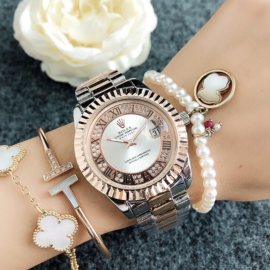 Đồng Hồ Quartz Thép Không Gỉ Hiển Thị Ngày, Đính Đá Thời Trang
