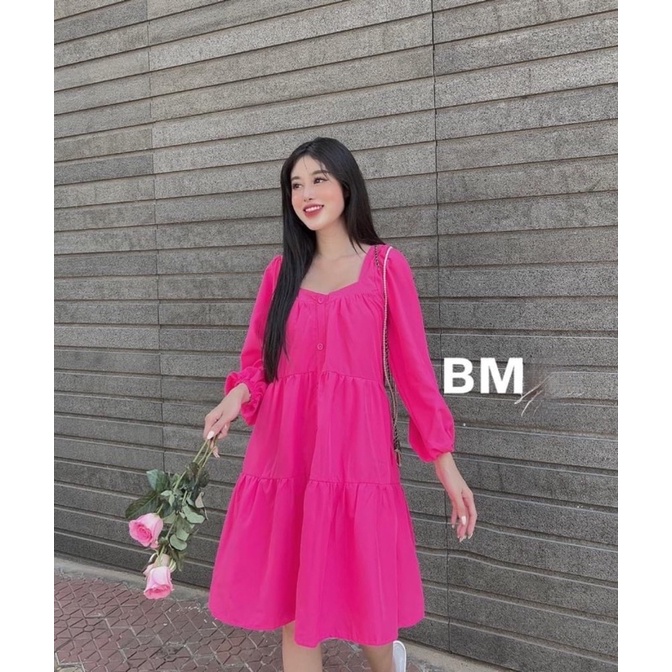 Váy Babydoll cổ vuông tay phồng, Đầm sơ mi, đầm bầu