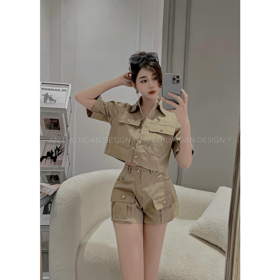 [11.11 Sale Freeship] Bộ sơ mi nữ, trơn tay ngắn dáng lửng túi ngực đính khuy,kèm quần short đi chơi dạo phố xinh xắn