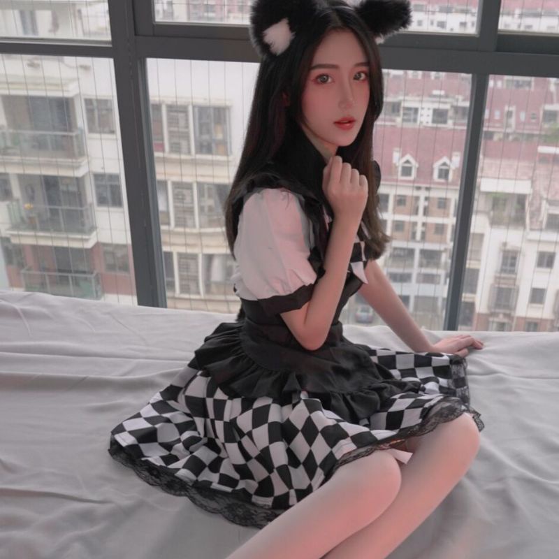 [CÓ SẴN]_Bộ đầm Lolita maid ngắn người hầu kẻ caro đen trắng