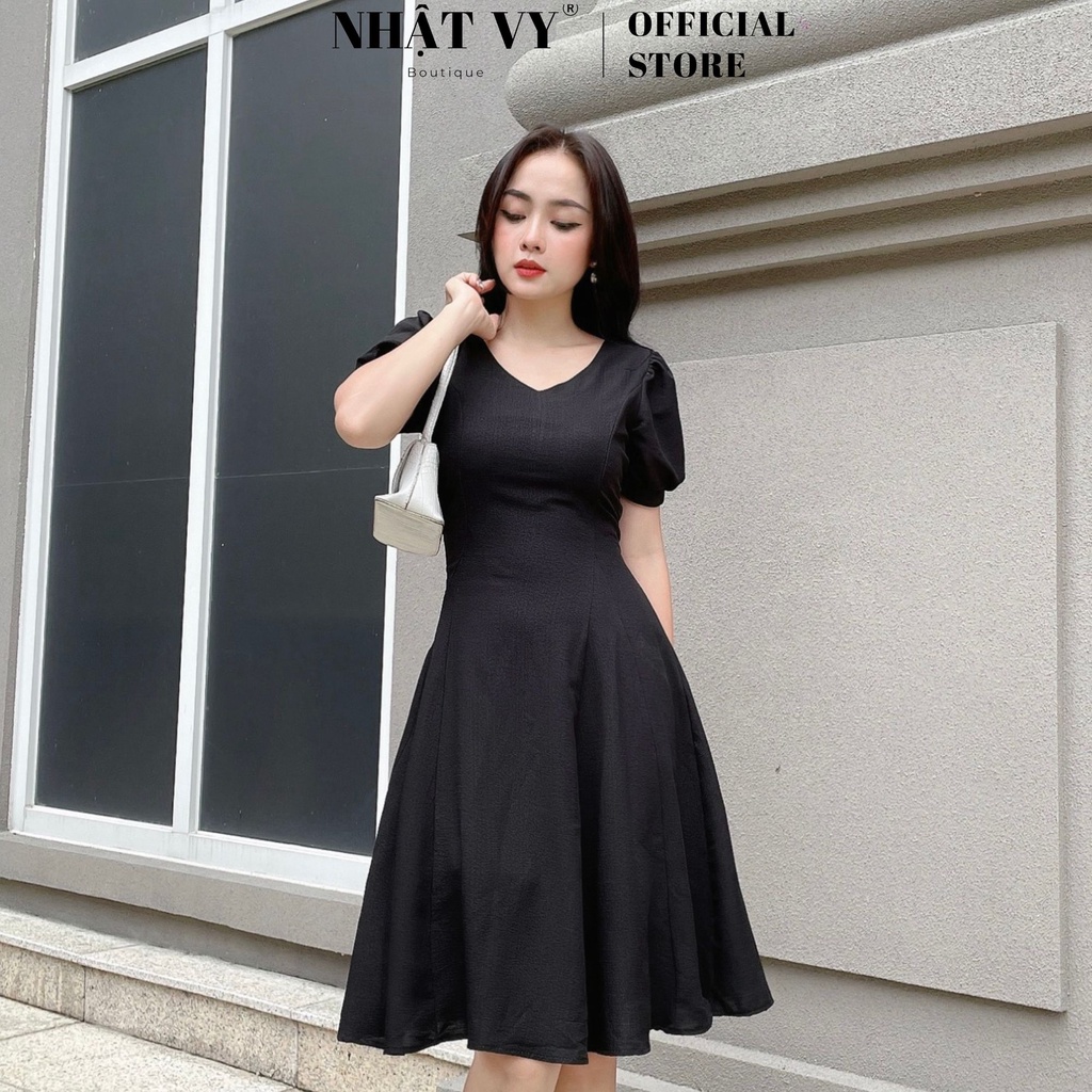 Váy Đi Chơi NHẬT VY Cổ Tim Tay Phồng Dáng Xoè Chất Xốp Thun Nhún Màu Xanh Bơ, Xanh Đá, Đen - D2415