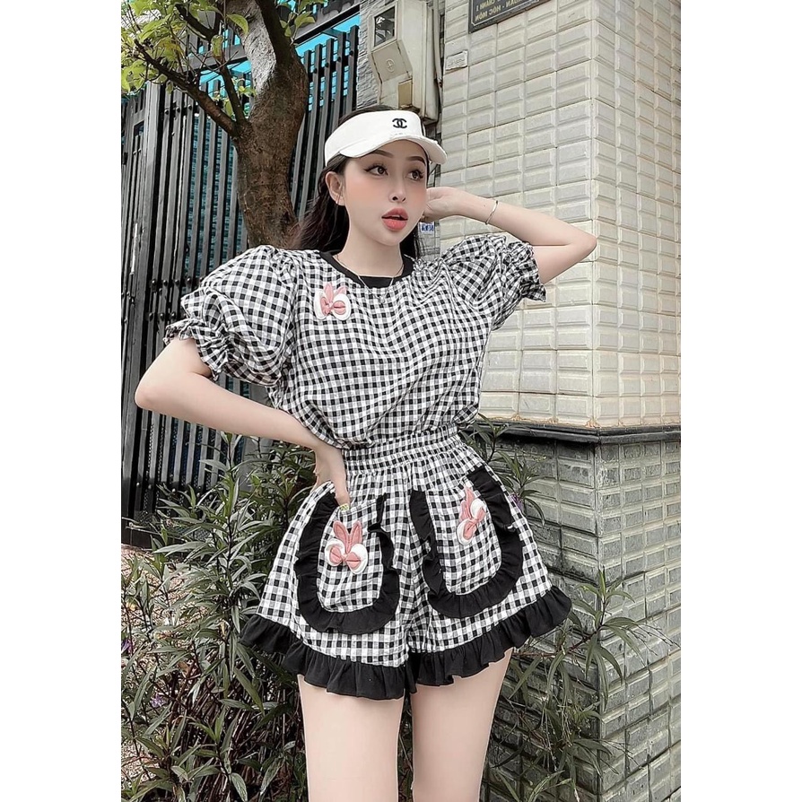 [11.11 Sale Freeship] Set bộ đùi nữ,áo cổ tròn sọc caro áo voan tay bồng thêu hình thỏ kèm quần cộc ngắn viền ren có túi