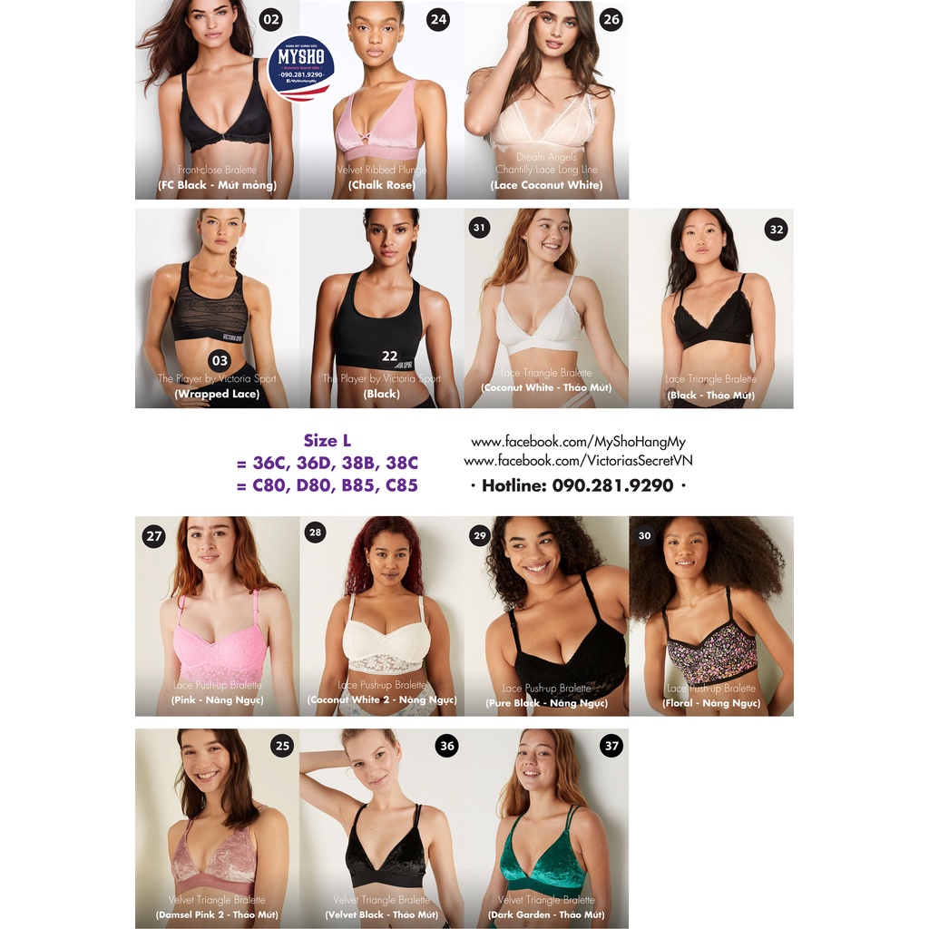 (Size L bigsize) Áo lót bralette L là 36C, 36D, 38A, 38B, 38C đều vừa, hàng nhập Victoria's Secret USA