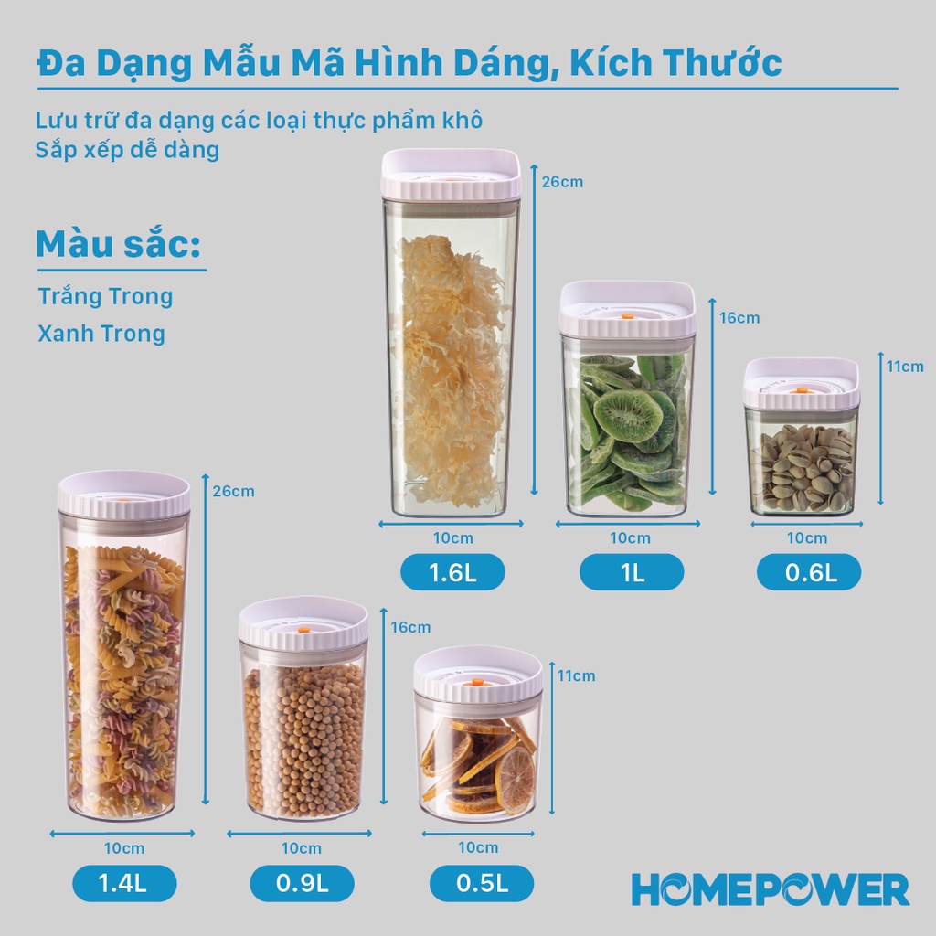 Hộp bảo quản thực phẩm khô, hộp đựng ngũ cốc hút chân không có vòng ghi chú thời gian Homepower chống ẩm mốc mối mọt