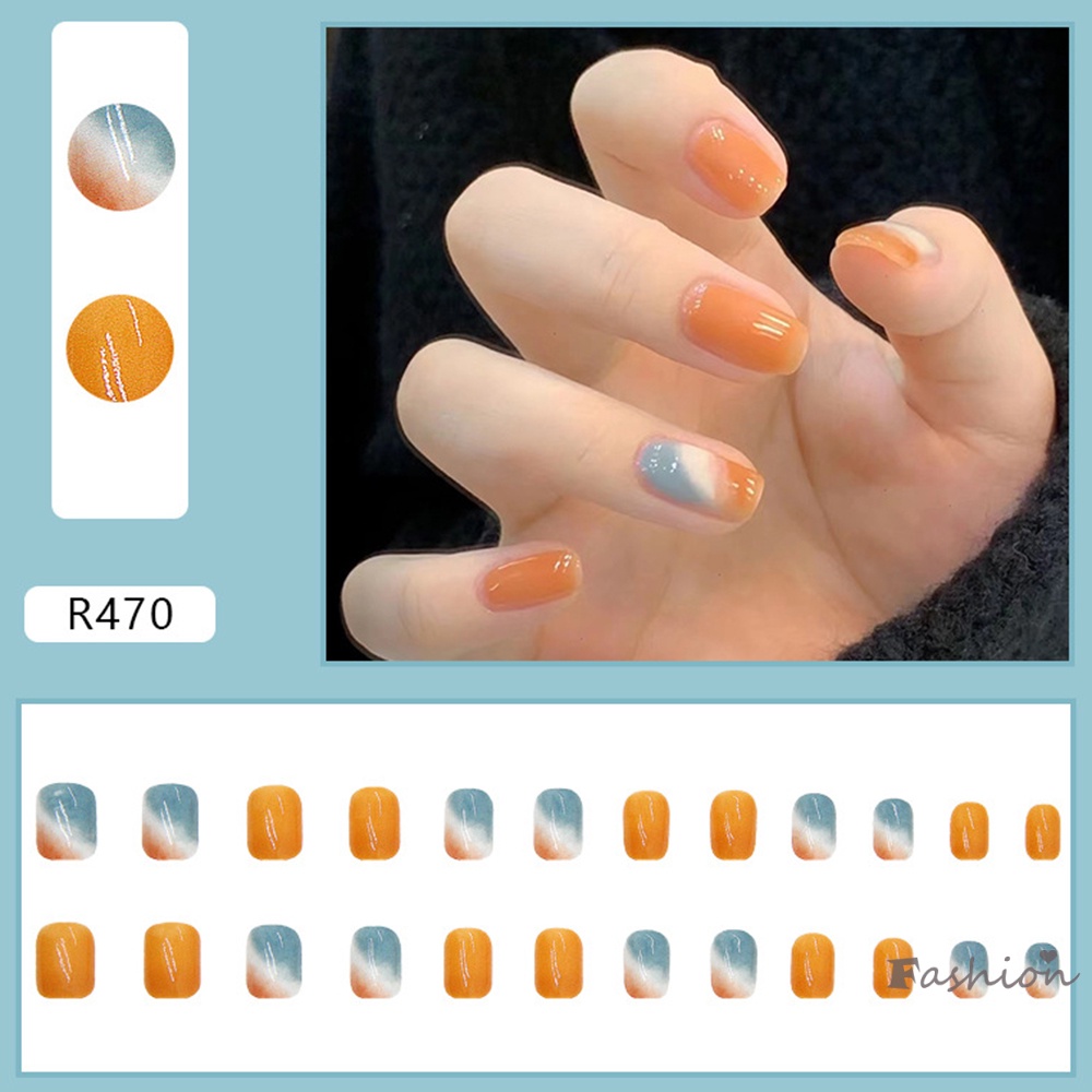 Bộ 24 Móng Chân Giả Ngắn Màu Cam / Xanh Dương Bóng Dễ Xé Không Rơi Trang Trí Móng Tay DIY Phong Cách Pháp Cho Nữ Và Phụ Nữ