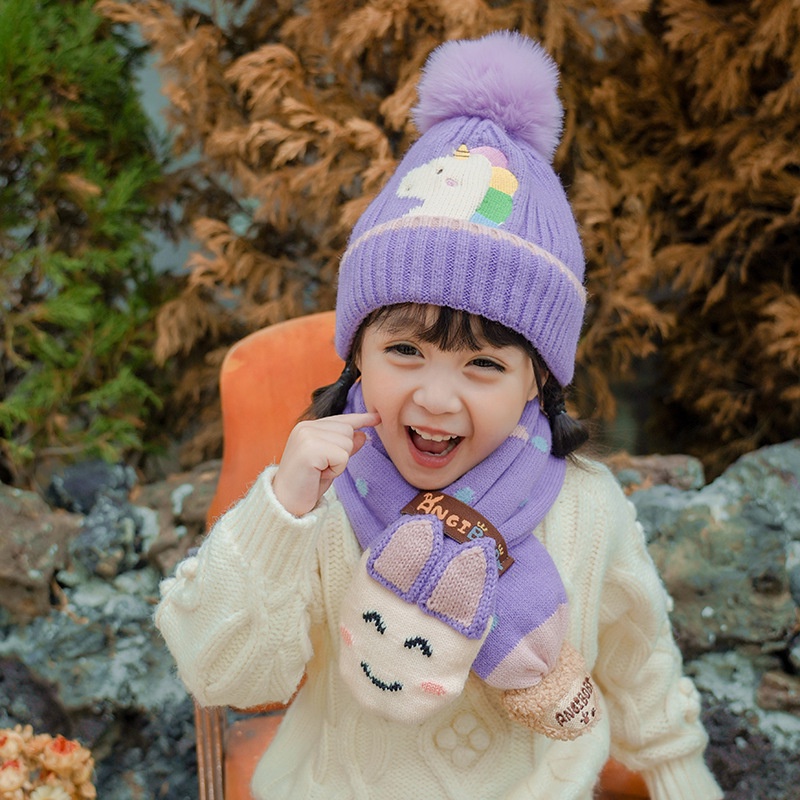 Set Mũ Len + Khăn Choàng Cổ Giữ Ấm Mùa Thu Đông Cho Bé Trai, Bé Gái