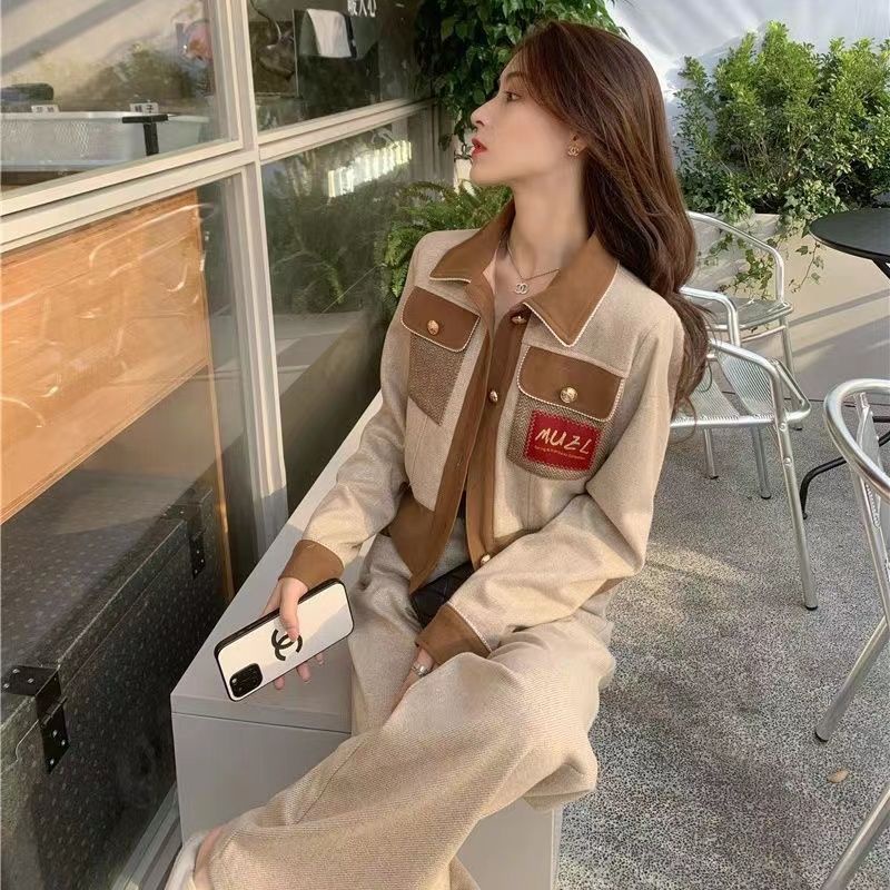 Bộ Áo Khoác Vest Phối Quần Dài Ống Rộng Vải Len Thời Trang Xuân Thu 2022 Mới Cho Bạn Gái