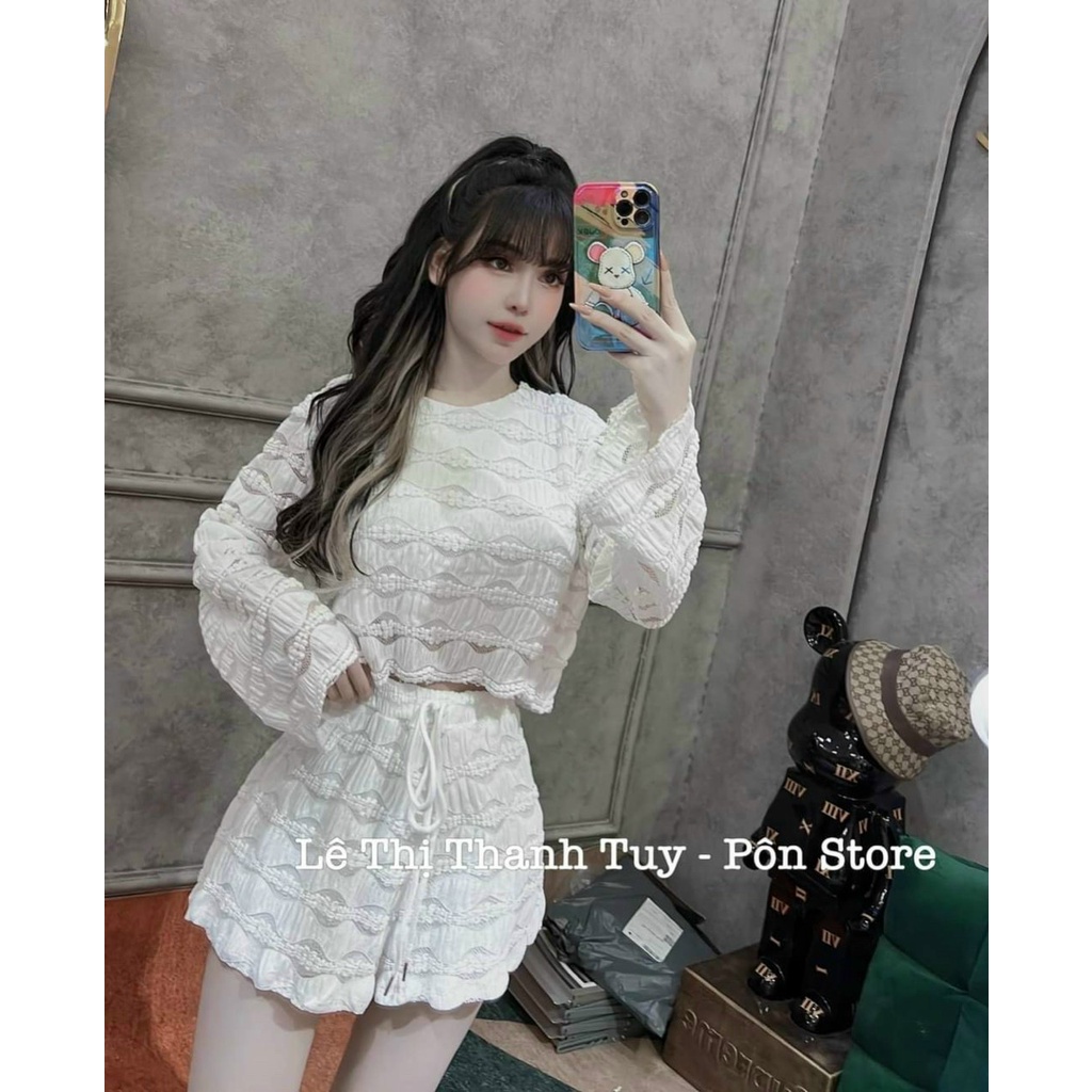 (FreeShip 2022) Sét bộ đùi nữ,bộ len ren tay loe from croptop mix quần,chất đẹp hàng chuẩn shop,diện đi đâu cung chanh s