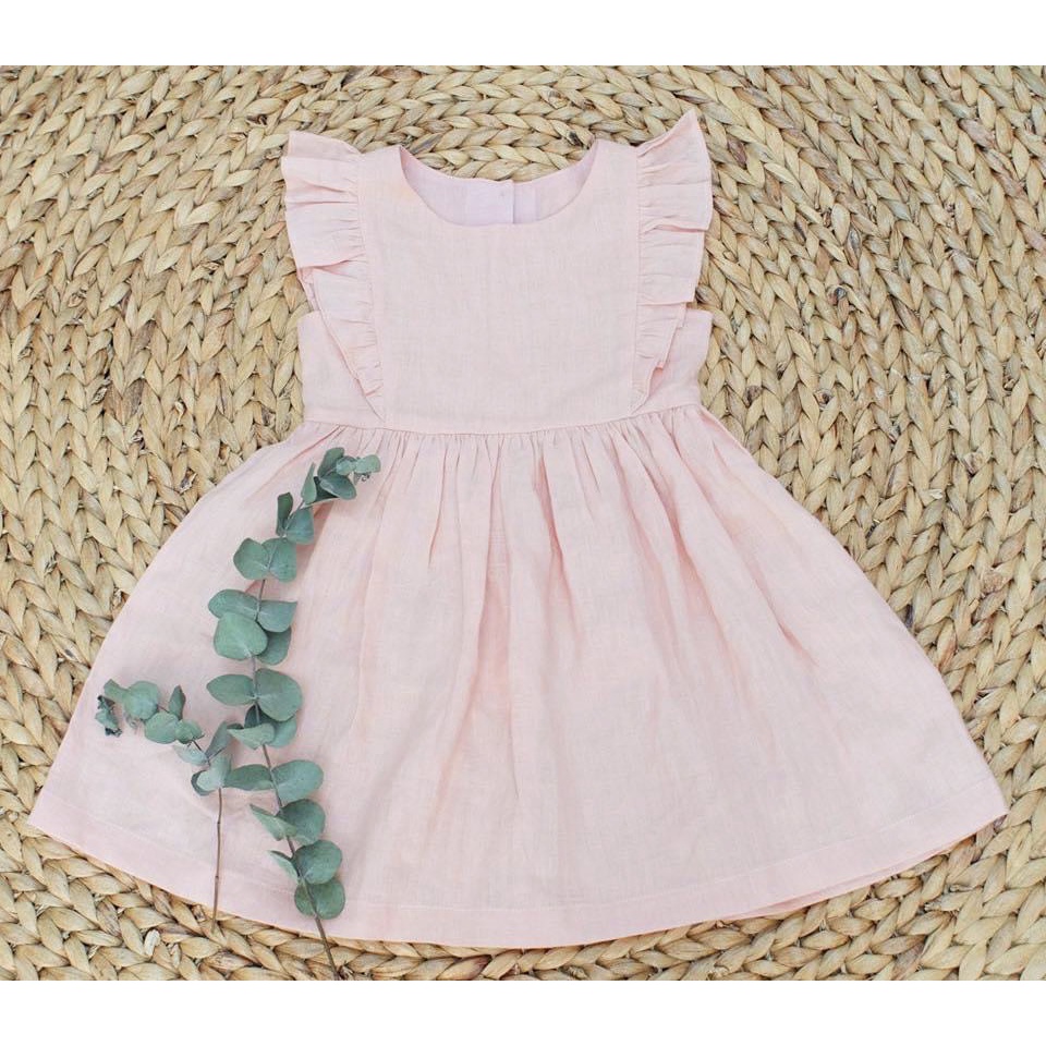 Đầm linen hồng bèo vai/ Frill linen dress/ Đầm thiết kế cho bé/ The little Heidi