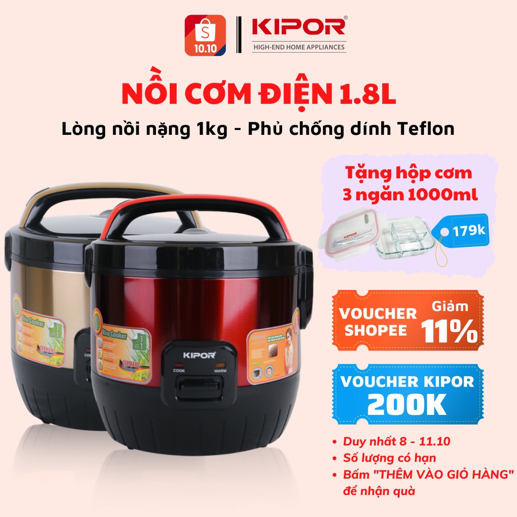 Nồi cơm điện KIPOR KP-N6518 - 1.8L - Dung tích lớn, chống dính TEFLON 3mm 1Kg - Bảo hành tại nhà 12 tháng