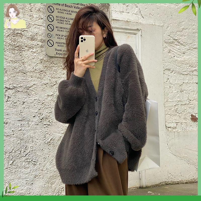 áo khoác len Cardigan len áo cadigan Áo Khoác Len Lông Cừu Xám Cổ Chữ V Dáng Rộng Thời Trang Thu Đông Hàn Quốc Mới 2022 Dành Cho Bạn Nữ