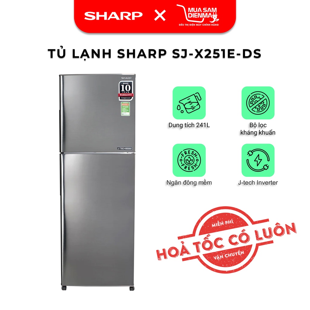 Tủ lạnh Sharp 241 lít Inverter SJ-X251E-DS khử mùi Nano Ag+ diệt khuẩn kính chịu lực