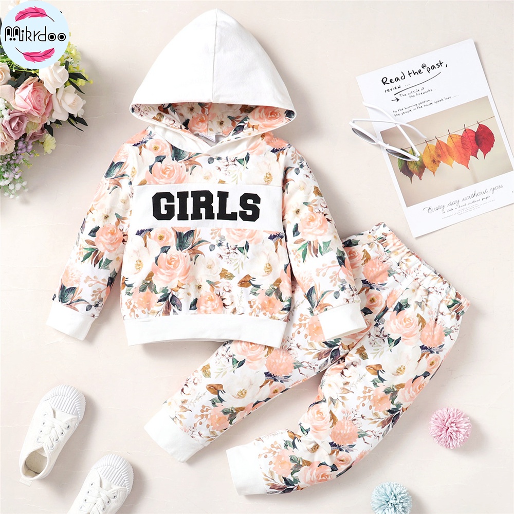 Bộ đồ MIKRDOO gồm áo hoodie in họa tiết hoa và quần dài mùa thu dành cho bé