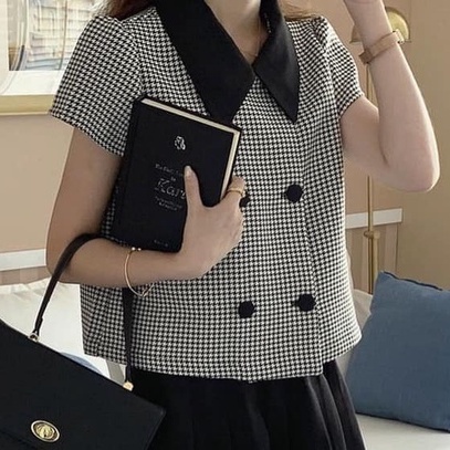 MYA - FULL SET BLAZER CARO ĐEN CHÂN VÁY QUẦN NỬA LƯNG THUN
