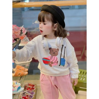 Bộ nỉ gấu nâu quần hồng bo gấu cho bé