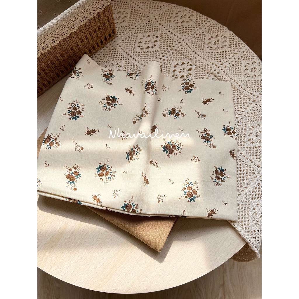 Vải Bột Nhà Vải Linen Hoạ Tiết Hoa Chùm Nâu - Be Đậm Chất Vải Dày Dặn Hình In Bền Sắc Nét Thích Hợp May Áo Dài