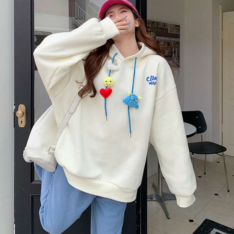 Áo hoodie RENJIANVSHENG dài tay phong cách Hàn Quốc đơn giản cho nữ