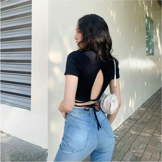 Áo croptop xẻ sau buộc dây nơ - omely shop
