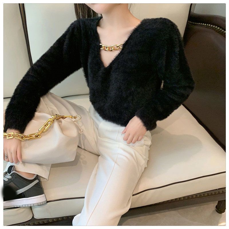 Jiashuchengv Áo Thun Dệt Kim Tay Dài Phối Dây Xích Phong Cách Hàn Quốc Thời Trang Cho Nữ