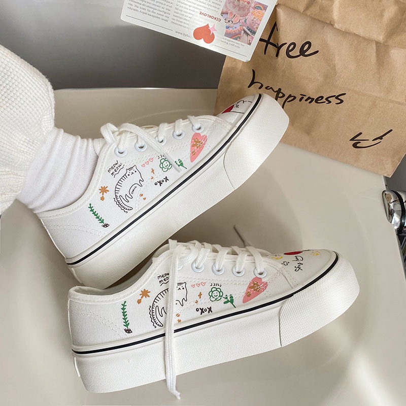 Giày Vải Canvas Màu Trắng Họa Tiết Nhí Vẽ Tay Xu Xiaonuo Dễ Thương  BM018-Molita