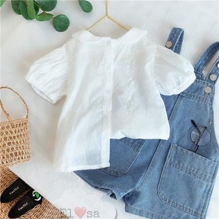 Set áo thô đũi trắng yếm bò jean bé gái