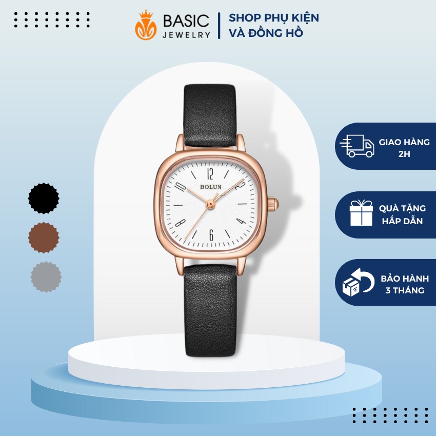 Đồng hồ nữ thời trang Bolun mặt vuông đẹp giá rẻ dây da cao cấp Basic Jewelry DH24