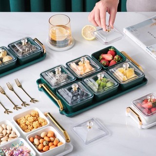 Khay mứt khay bánh kẹo tết 4 ngăn 6 ngăn bằng gốm sứ cao cấp màu xanh trắng hồng