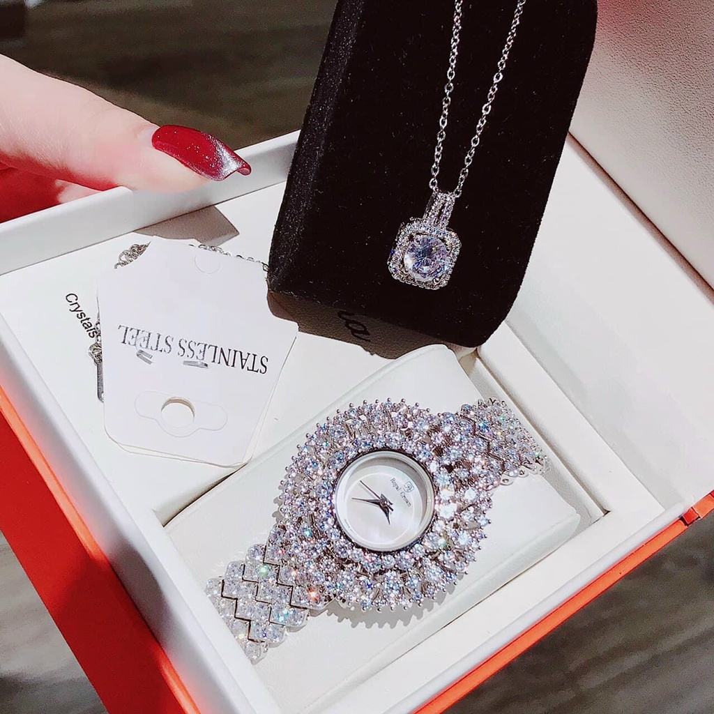 Đồng Hồ Nữ Royal Crown Chính Hãng Hoa Tuyết Mặt Khảm Trai Đính Đá Tràn Viền Siêu Lấp Lánh