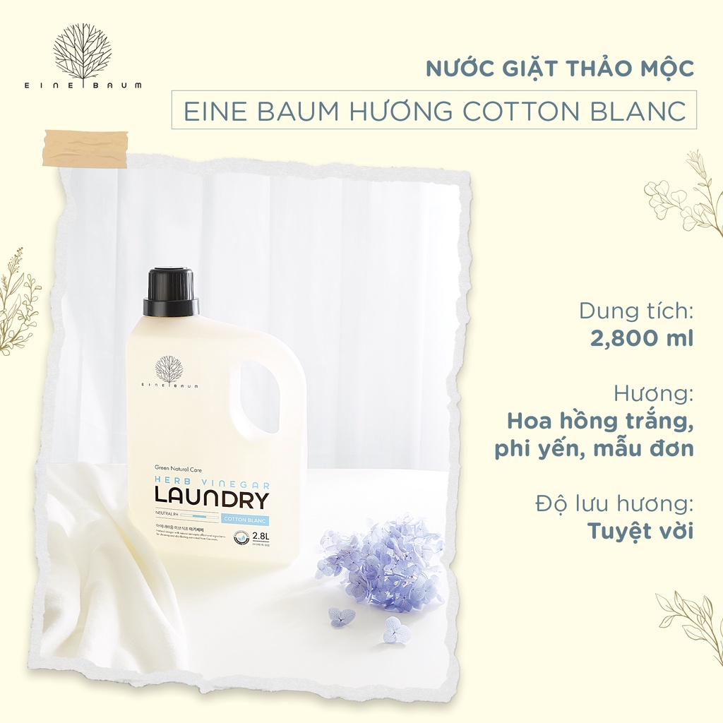 Nước giặt quần áo thảo mộc cho bé Hàn Quốc EINE BAUM Không Mùi/ Hương Cotton/ Hương Hoa Tự Nhiên 2.8L