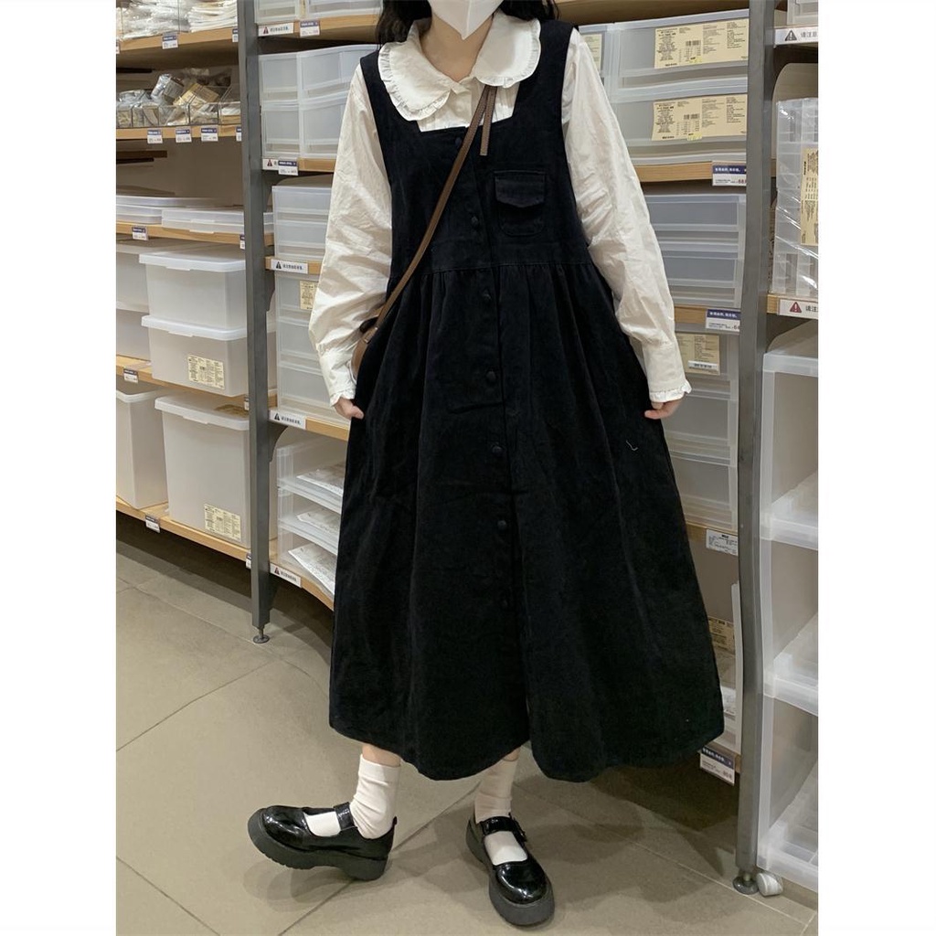 Set Áo Sơ Mi Cổ Đứng + Đầm Yếm Dáng Rộng Thời Trang Theo Phong Cách Hàn Quốc
