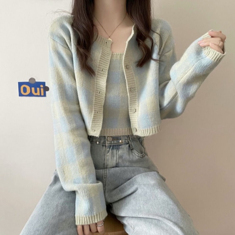 Set Áo Len Tay Dài Sọc Caro + Áo Khoác Ghi Lê Thời Trang Nữ