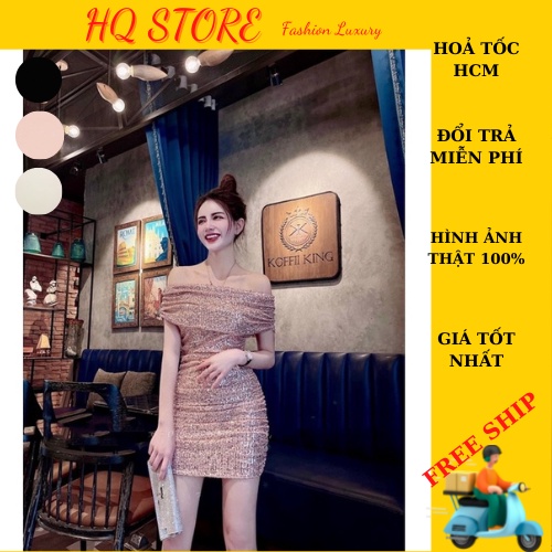 Đầm váy body kim sa bẹt vai quyến rũ có lút kèm mút - Maxi HQ store
