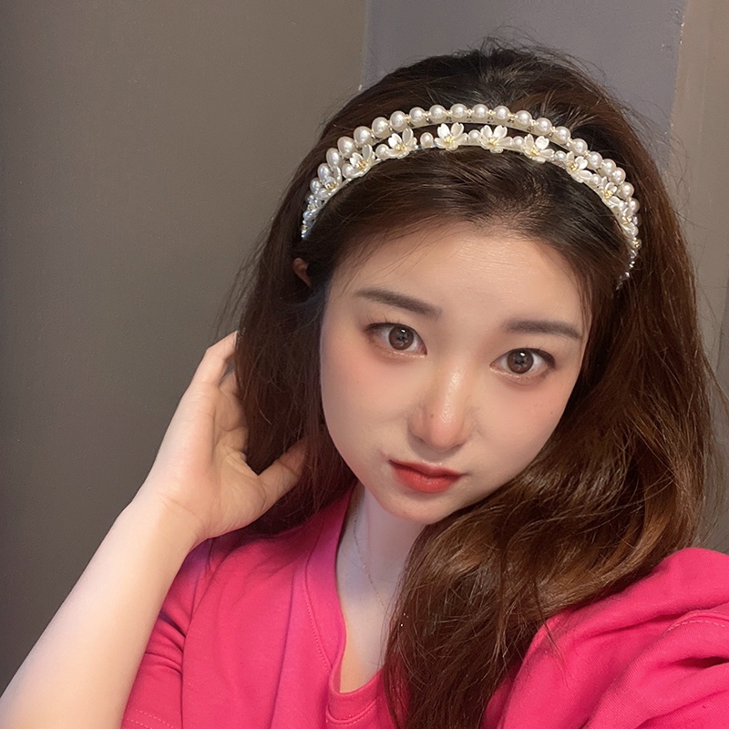 Băng Đô Hai Lớp Đính Hoa Ngọc Trai Phong Cách Hàn Quốc Ngọt Ngào Cho Nữ