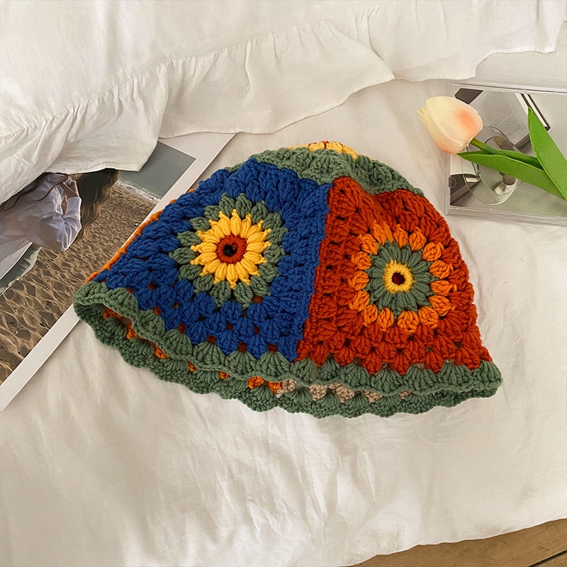 Mũ Bucket Đan Len Họa Tiết Hoa Phong Cách Hyuna Nhật Bản Thời Trang Thu Đông Cho Nữ