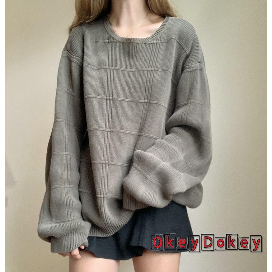 Áo Len Chui Đầu Cổ Tròn Tay Dài Kẻ Sọc Y2K Phong Cách Preppy Cổ Điển