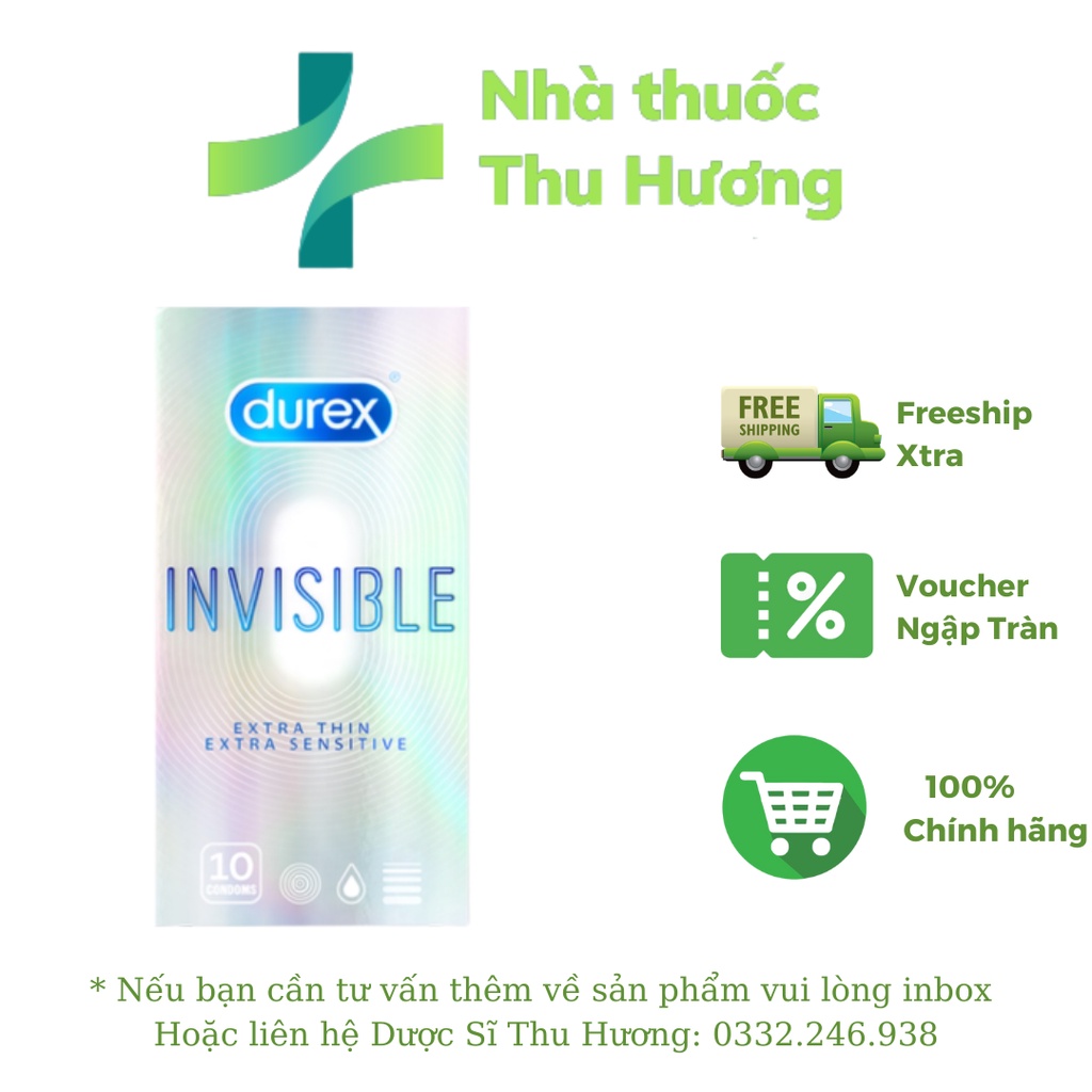 Bao cao su Durex Invisible Extra Thin (10 bao) - Bao cao su siêu mỏng, ôm sát chân thật - Nhà thuốc Thu Hương